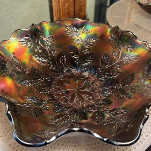 Early 1900’s Fenton Electric Blue Carnival Glass Ruffled Bowl Holly and Berry